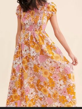 Anthropologie Floral Maxi Dress in Pink & Yellow